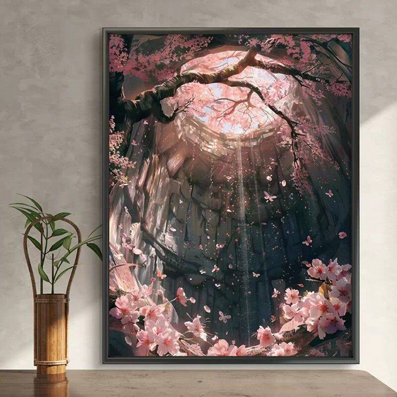 治愈系樱花客厅装饰画宫崎骏风景桌面摆画光影大芬油画村卧室挂画
