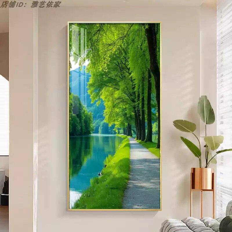 绿色大树流水田园风景玄关装饰画蓝天白云走廊过道楼梯挂画竖式画
