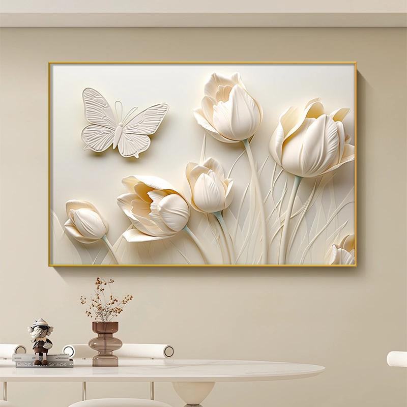 奶油风郁金香餐厅装饰画抽象花卉饭厅桌面挂画客厅卧室背景墙壁画