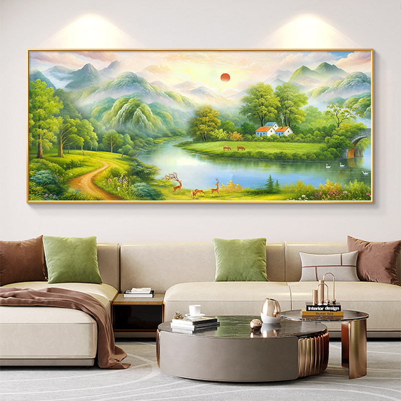 挂画沙发山水画轻奢壁画高级装饰画背景墙感装饰客厅旭日东升油画