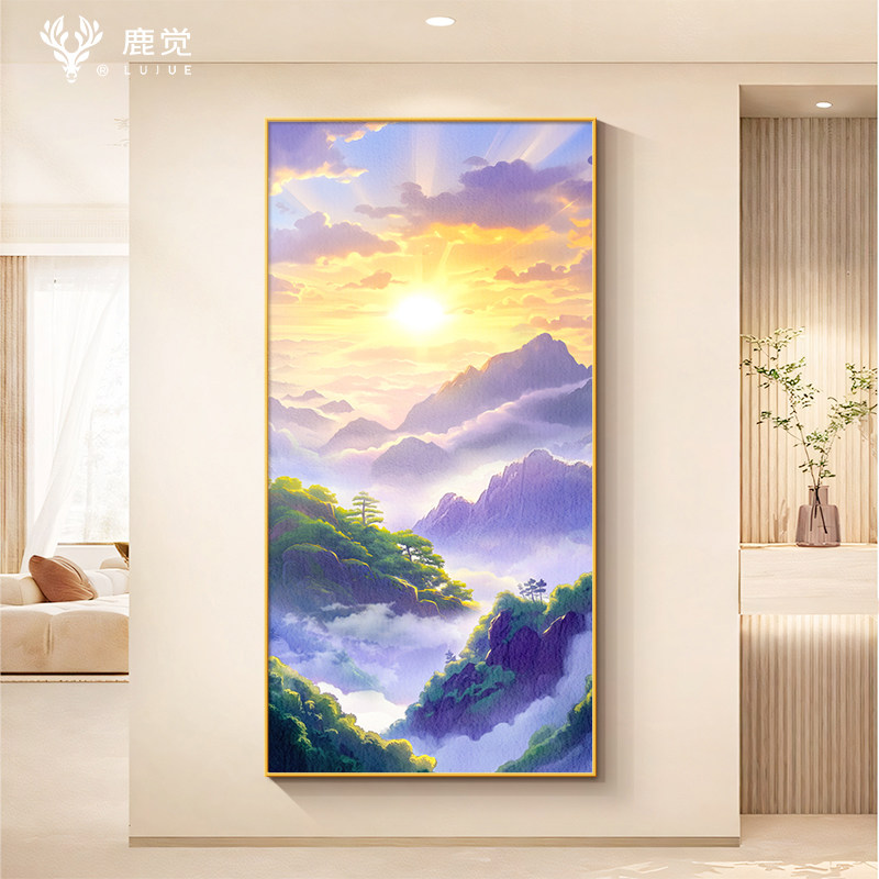 日出东方挂画玄关装饰画入户正对门高档紫气东来客厅走廊过道壁画