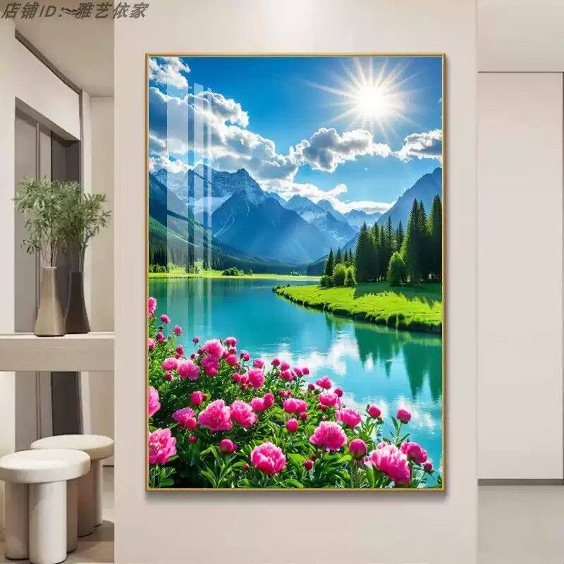 自然美景绿色山水风景画玄关装饰画树林森林挂画阳光蓝天白云壁画