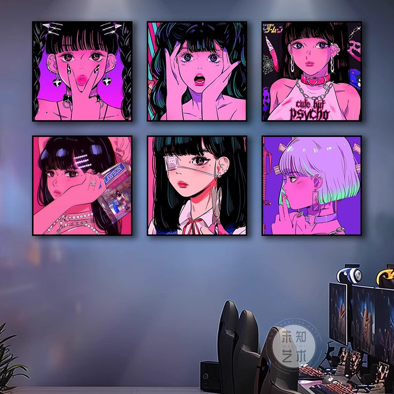 赛博朋克风二次元女生装饰画日式少女电竞房间壁画酒吧背景墙挂画