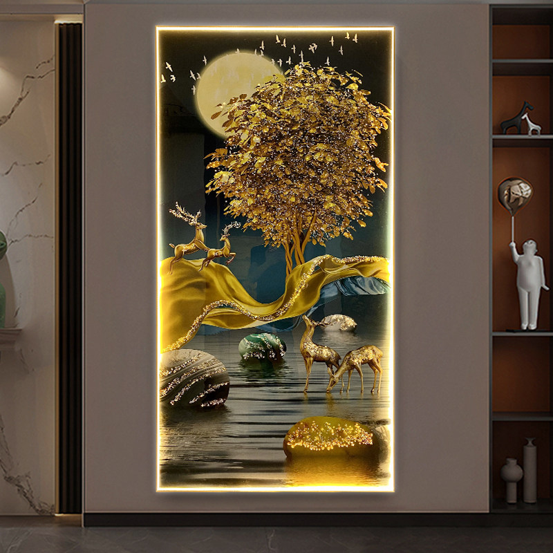 过道玄关装饰画烤瓷镶钻带灯光挂画铝合金边框现代轻奢居家饰品图片