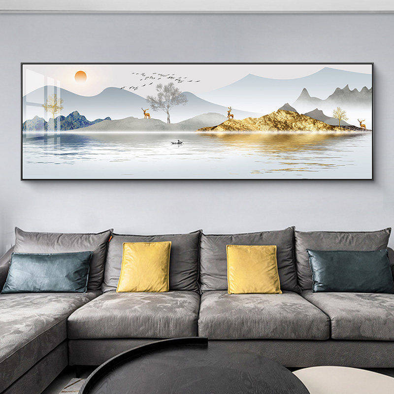 旭日东升现代轻奢客厅装饰画山水画横版背有靠山沙发背景墙壁挂画