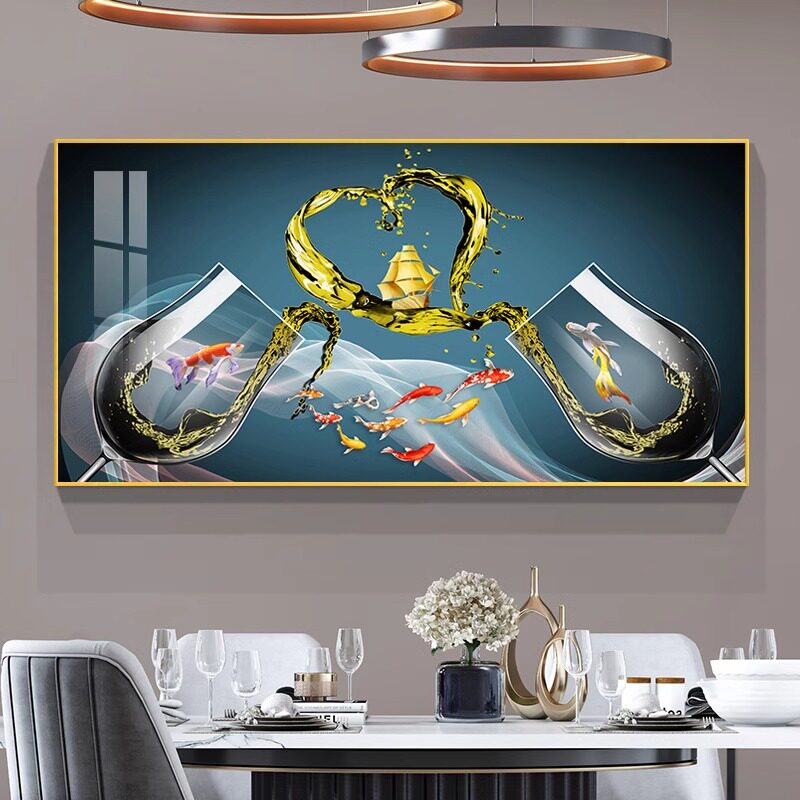 招财九鱼图餐厅装饰画轻奢现代饭厅挂画酒杯新中式餐桌墙壁画