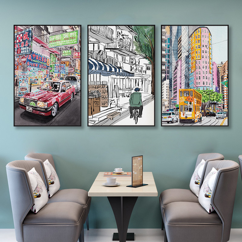 香港街景挂画怀旧风景手绘装饰画港式茶餐厅冰室咖啡厅奶茶店壁画