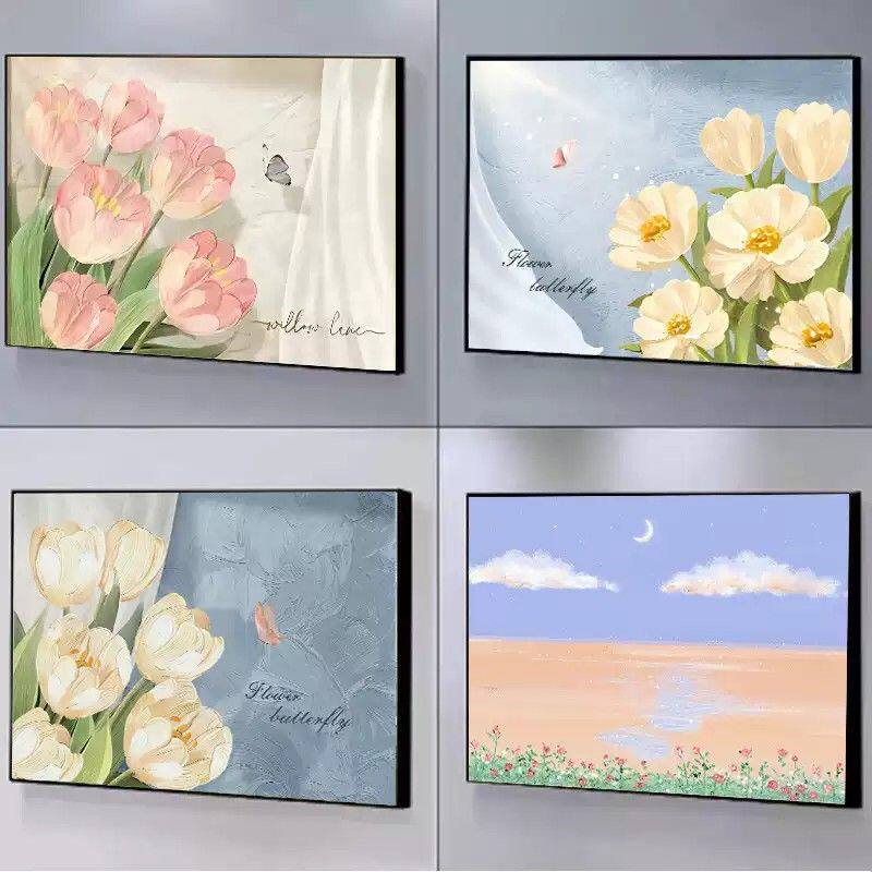 北欧奶油风卧室装饰画温馨花卉床头画主卧房间壁画风景挂画肌理画图片