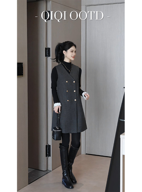 柒院家大码女高级感气质收腰V领背心连衣裙2025冬宽松显瘦中长裙