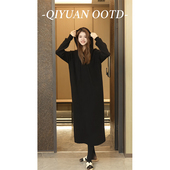 柒院家微胖大码 时尚 针织连帽连衣裙2025冬宽松保暖遮肉显瘦毛衣裙