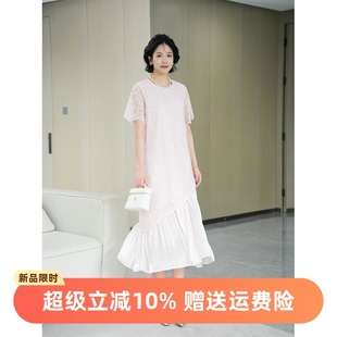 女裝 柒院家微胖大碼 不規(guī)則提花蕾絲連衣裙2025夏遮肉顯瘦蕾絲長(zhǎng)裙