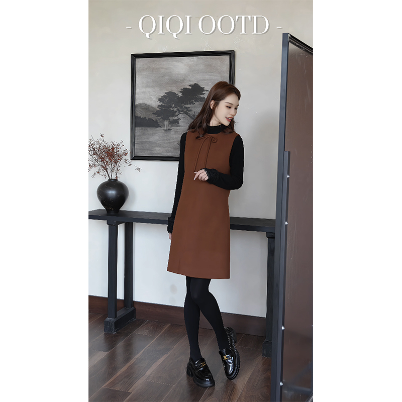 蝴蝶结圆领气质遮肉背心连衣裙女