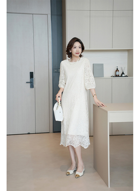 柒院家微胖大码女装泡泡袖蕾丝连衣裙2025秋高端宽松遮肉显瘦长裙
