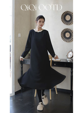 柒院家微胖大码女设计感钉珠花边圆领连衣裙2025冬遮肉显瘦中长裙