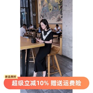 女裝 柒院家微胖大碼 設(shè)計(jì)感拼接花邊領(lǐng)連衣裙2025夏寬松顯瘦中長(zhǎng)裙