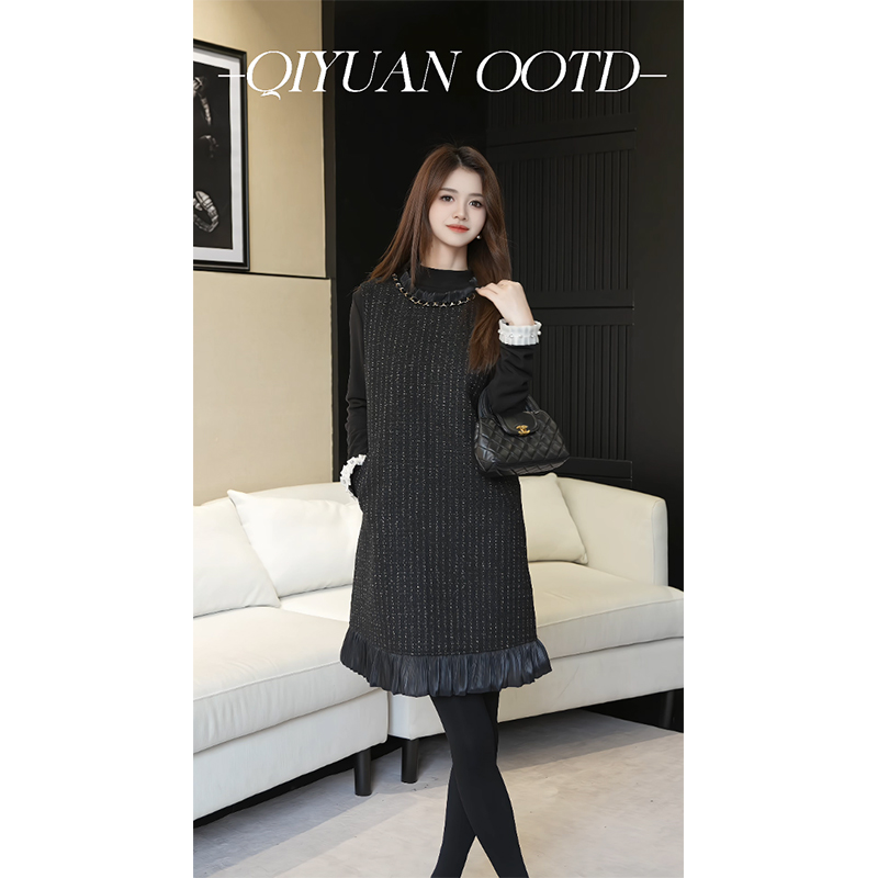 大码女粗花呢拼接网纱背心连衣裙