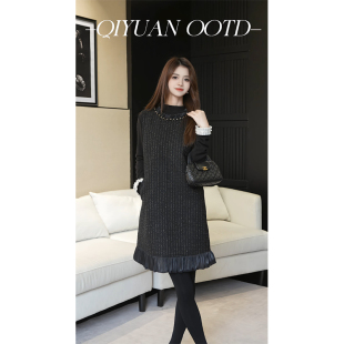 宽松显瘦中长裙 粗花呢拼接网纱背心连衣裙2026春季 柒院家大码 女装