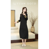 柒院家微胖大码 女新中式 国风盘扣连衣裙2025秋宽松遮肉撞色中长裙