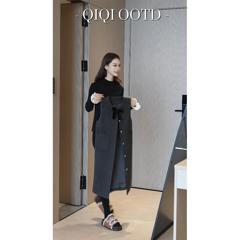 柒院家大码女花边袖半高领针织衫