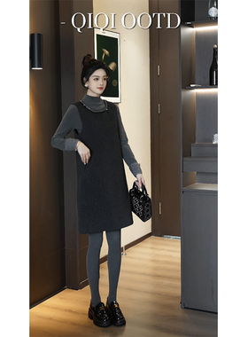 柒院家大码女装小香风钉珠圆领背心连衣裙2025秋冬宽松遮肉马甲裙