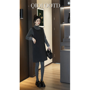 柒院家大码 小香风钉珠圆领背心连衣裙2025秋冬宽松遮肉马甲裙 女装