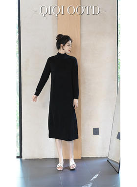 柒院家微胖大码女装半高领弹力连衣裙2025秋冬宽松显瘦遮肉中长裙