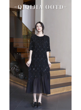 柒院家微胖大码女装设计感拼接连衣裙2025夏款气质显瘦宽松中长裙