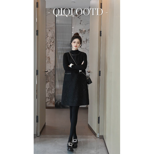 柒院家大码钉珠小香风圆领连衣裙