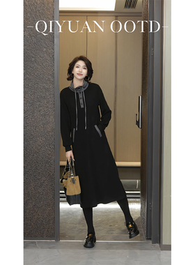 柒院家微胖大码女撞色抽绳立领连衣裙2025秋冬宽松遮肉显瘦中长裙