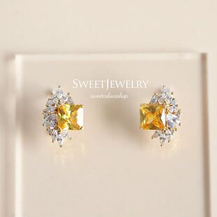 S925纯银镀18K金温柔法式复古耳钉女 黄钻气质百搭女耳饰
