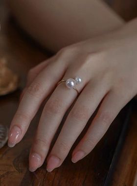 绝绝子强光巴洛克天然珍珠小灯泡开口戒指925银镀18k金双粒女指戒