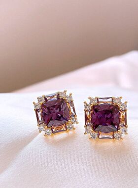 轻奢独特高级感紫色锆石耳钉女耳饰复古气质大气2025年新款爆款