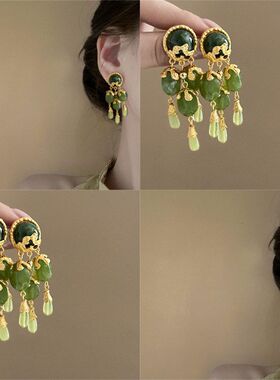 银针中古vintage绿色流苏耳钉女复古时尚气质耳环轻奢高级感耳饰