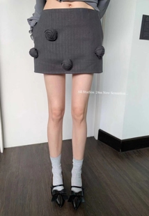 ALLIN韩版 高腰A字短裙子 手工缝制玫瑰花朵半身裙女2024春夏新款