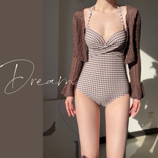 钢托聚拢温泉 罩衫 蜜Dream泳衣女2026新款 性感千鸟格吊带连体泳装