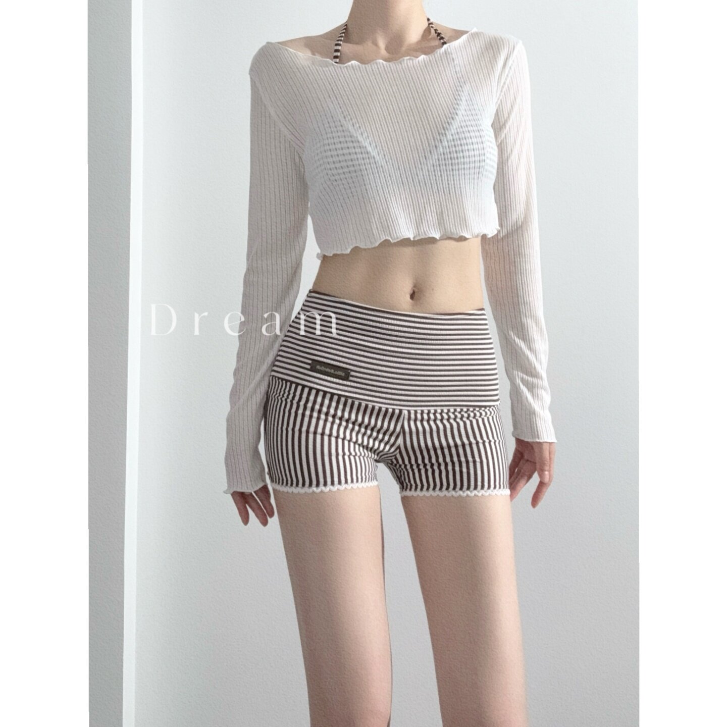 蜜Dream泳衣女款韩式辣妹条纹比基尼三件套罩衫分体显瘦海边度假