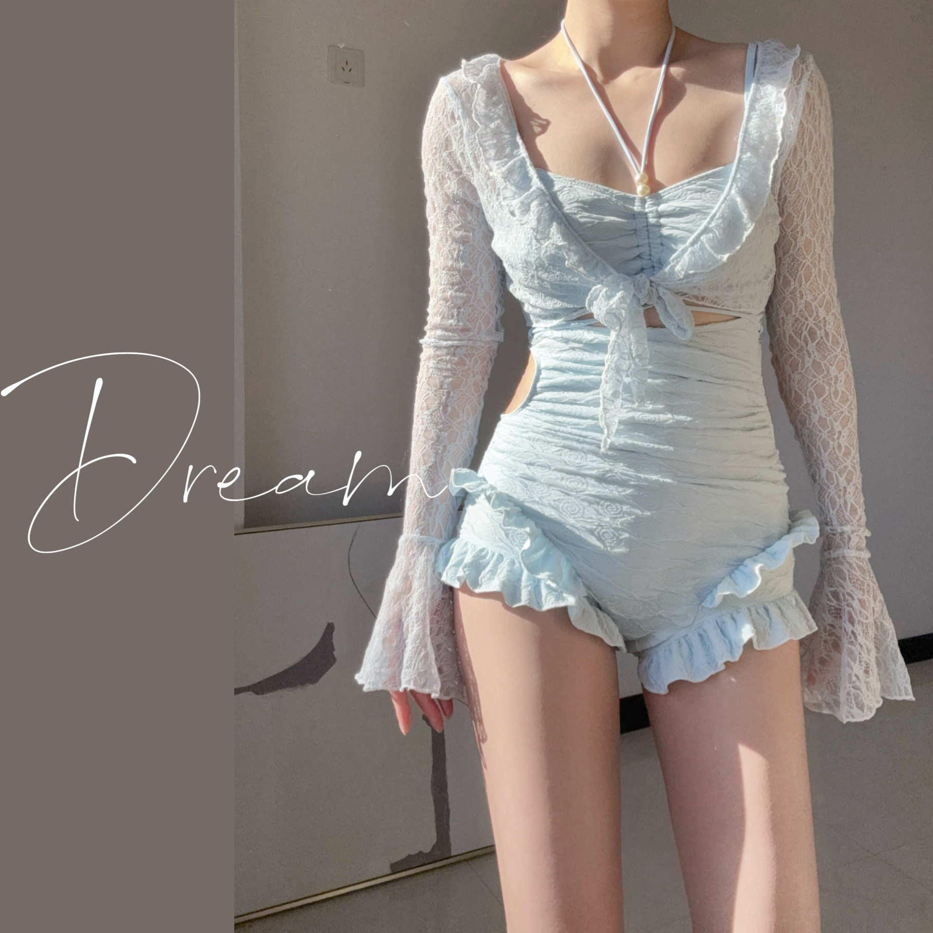 蜜Dream泳衣女高级感2025新款甜美仙女纯欲蕾丝长袖防晒连体泳装