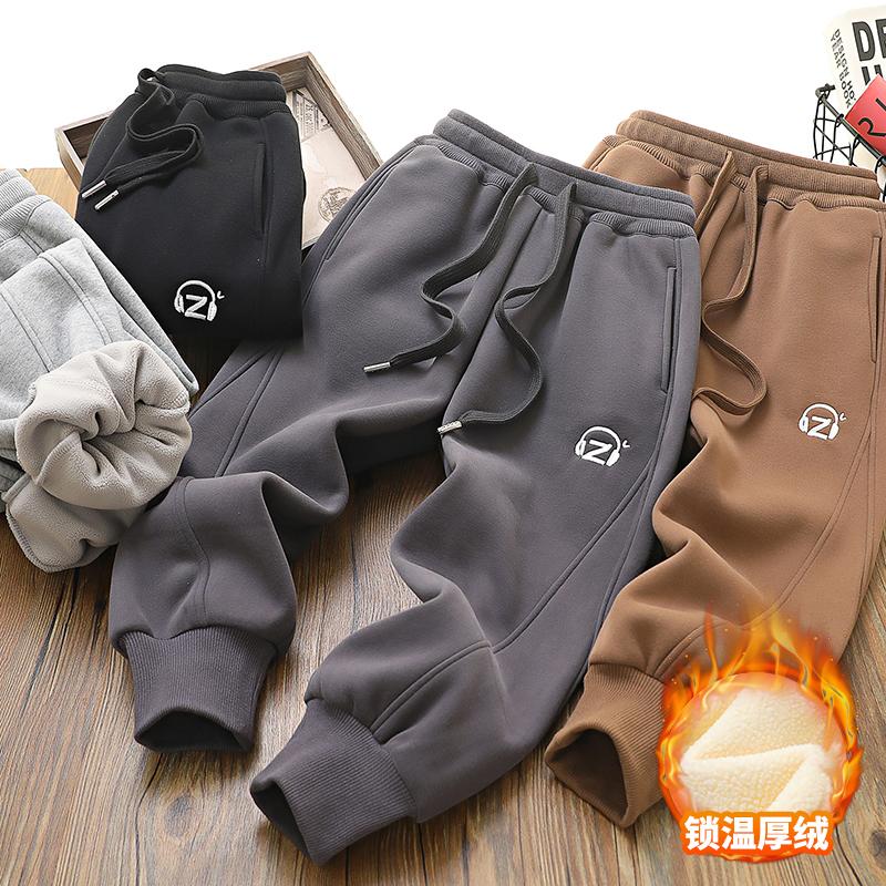 新款刺绣加厚加绒长裤男童女童秋冬松紧腰休闲裤系带束脚裤子洋气