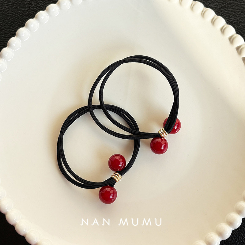 甜美少女樱桃红色珠子细发绳时尚大红串珠圆球发圈黑色扎马尾皮筋