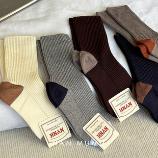 韩国进口秋冬新款 百搭纯色柔软透气舒适细条撞色女袜中筒棉袜袜子