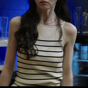 半熟男女田曦薇何知南同款黑白条纹无袖针织衫背心修身显瘦上衣女