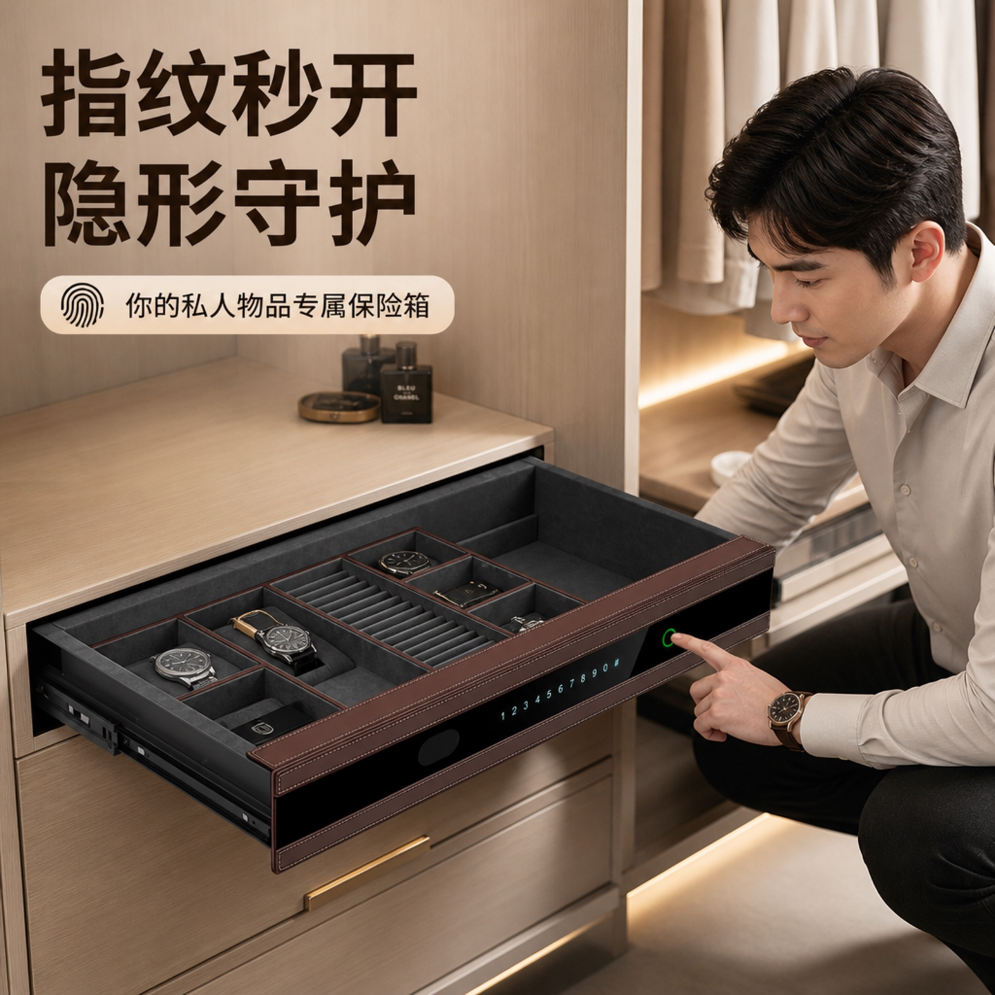 新款家用小型指纹密码抽屉式保险箱衣柜嵌入隐形双层首饰盒保险柜