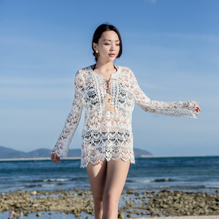 比基尼罩衫 三件套女夏海边度假游泳衣外搭镂空蕾丝针织沙滩防晒衣