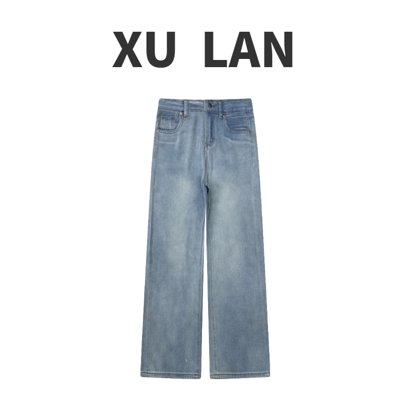 复古水洗牛仔裤女夏季高腰显瘦直筒阔腿长裤子