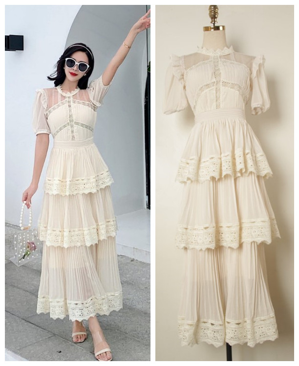 2023夏新法国小众连衣裙复古气质V领蕾丝拼接高腰百褶长裙小洋装