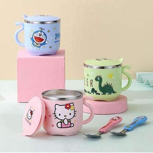 304不锈钢儿童水杯防烫防摔卡通带盖口杯牛奶杯家用幼儿园小水杯