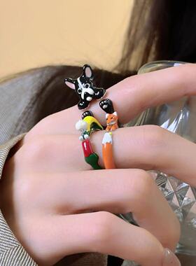 童趣卡通可爱滴油法斗小狗戒指女时尚百搭开口可调节食指戒指环潮