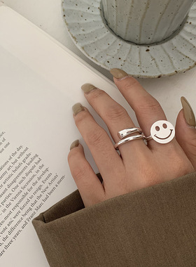 韩版925镀银百搭镂空笑脸戒指女简约个性圆形关节戒子食指戒日韩
