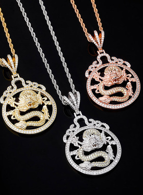 wish跨境欧美复古个性中国风真龙吊坠满锆石项链饰品 项链男女