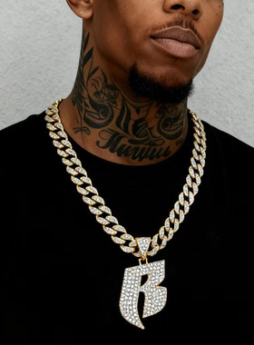 厂家直销小众设计个性嘻哈风字母 B满钻合金古巴链跨境表扣古巴链